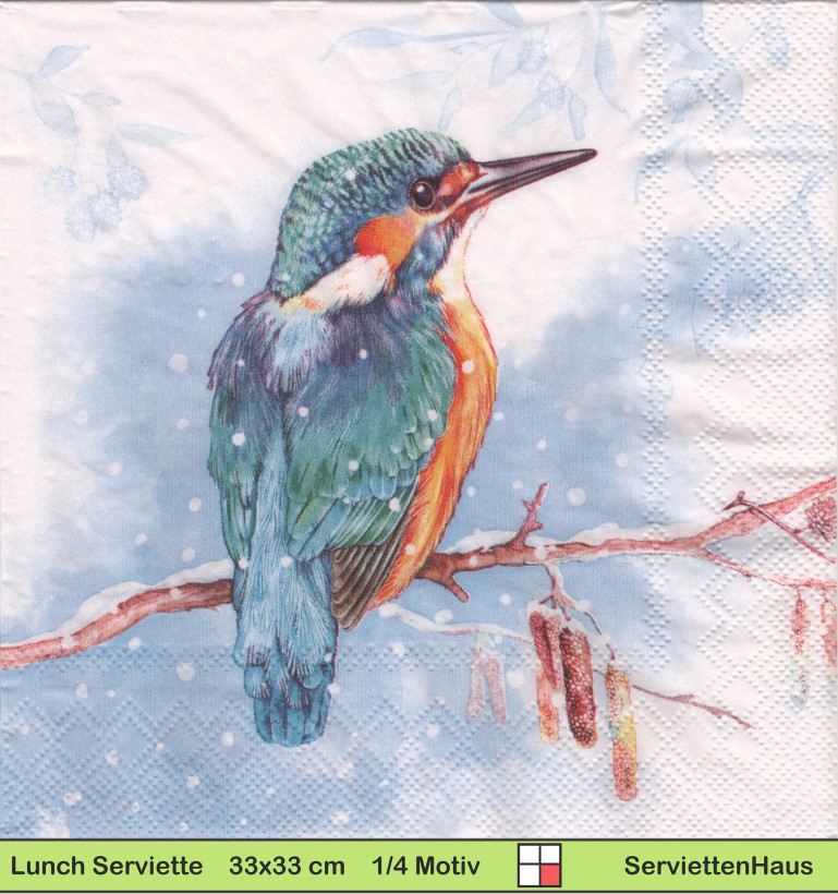 Eisvogel im Schnee auf einem Ast sitzend - 1 Paket mit 20 Servietten